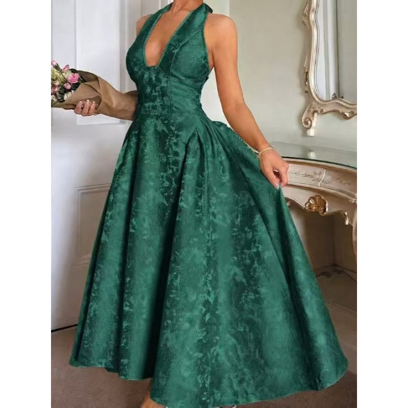V-Neck Halter Jacquard Evening Dress Sleeveless Open-Back A-Line Long Gown