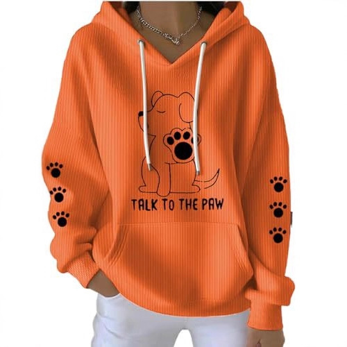 Women's Dog Paw Print Letter Hoodie Long Sleeve Pullover