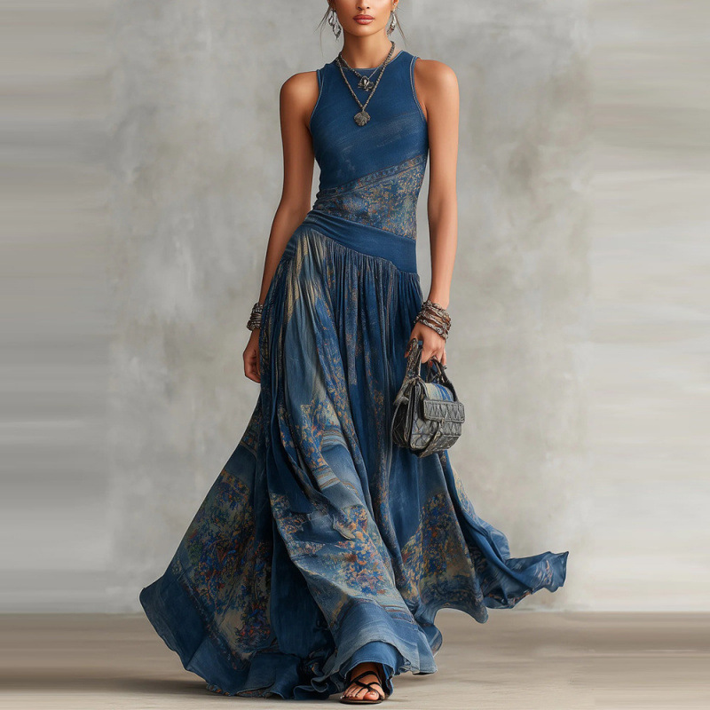 Digital Print Sleeveless Maxi Dress with Flared A-Line Skirt and Round Neck