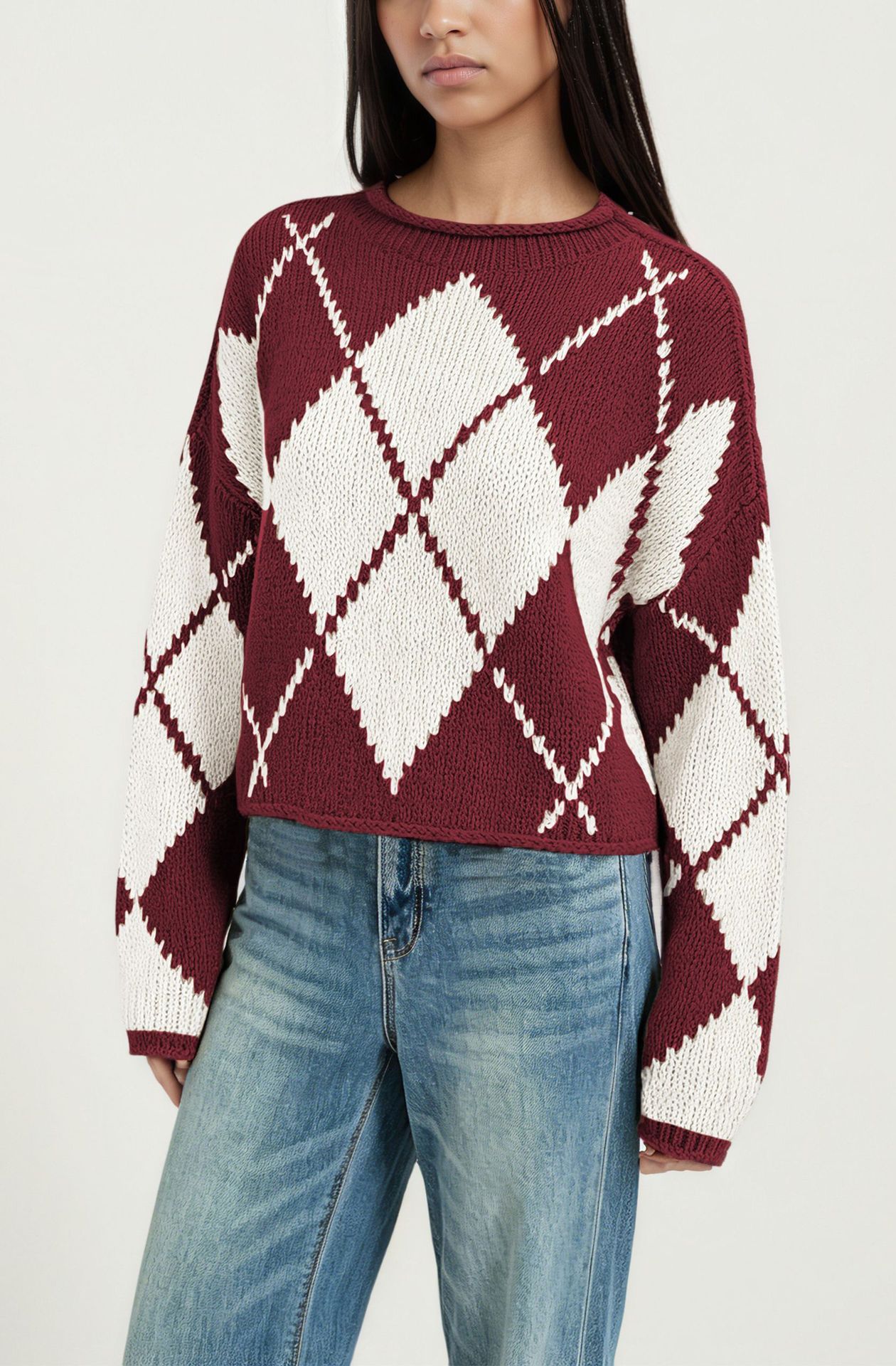 Women's Color-Block Diamond Knit Sweater, Loose Crewneck Pullover