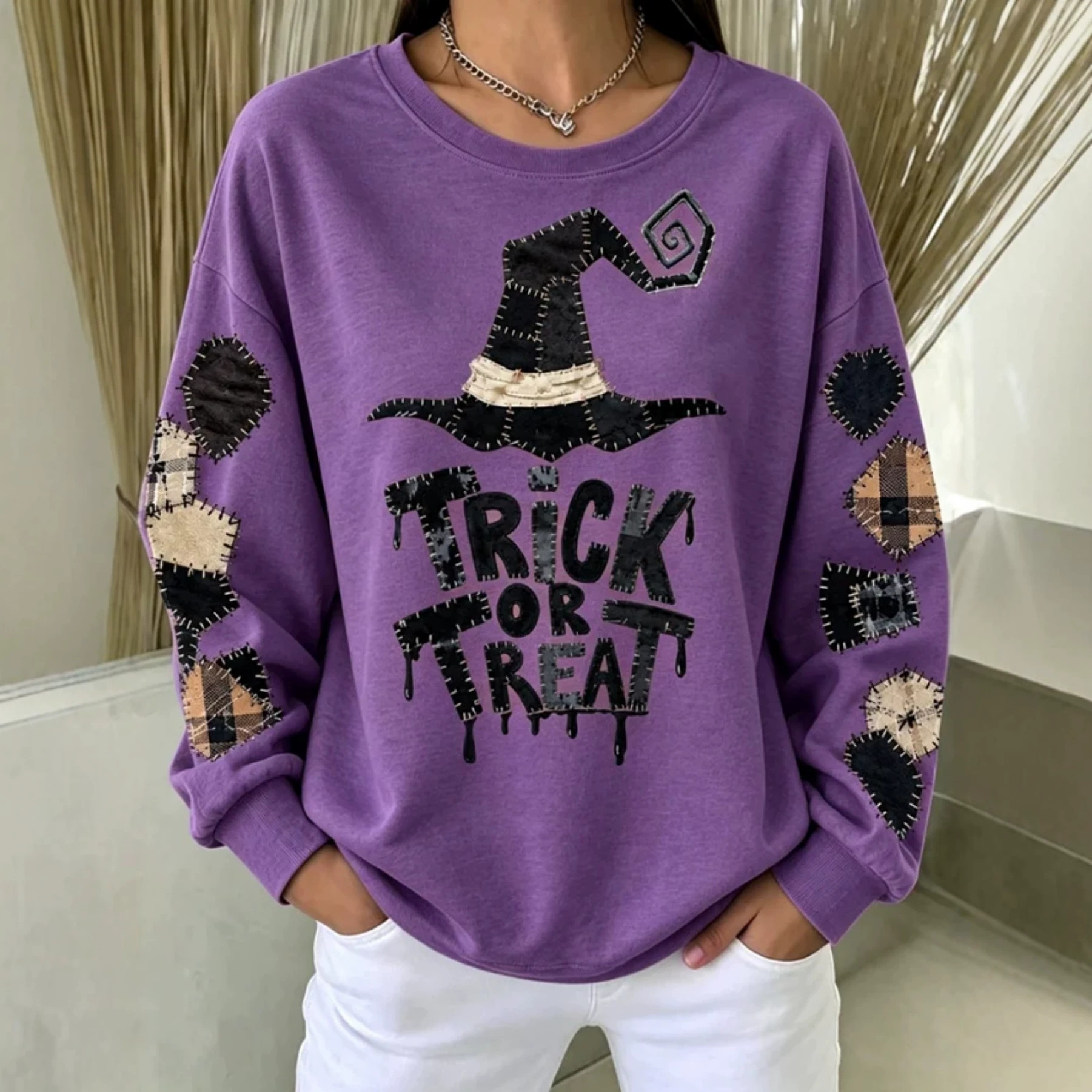 Halloween Witch Hat Letter Print Long Sleeve Pullover Sweatshirt