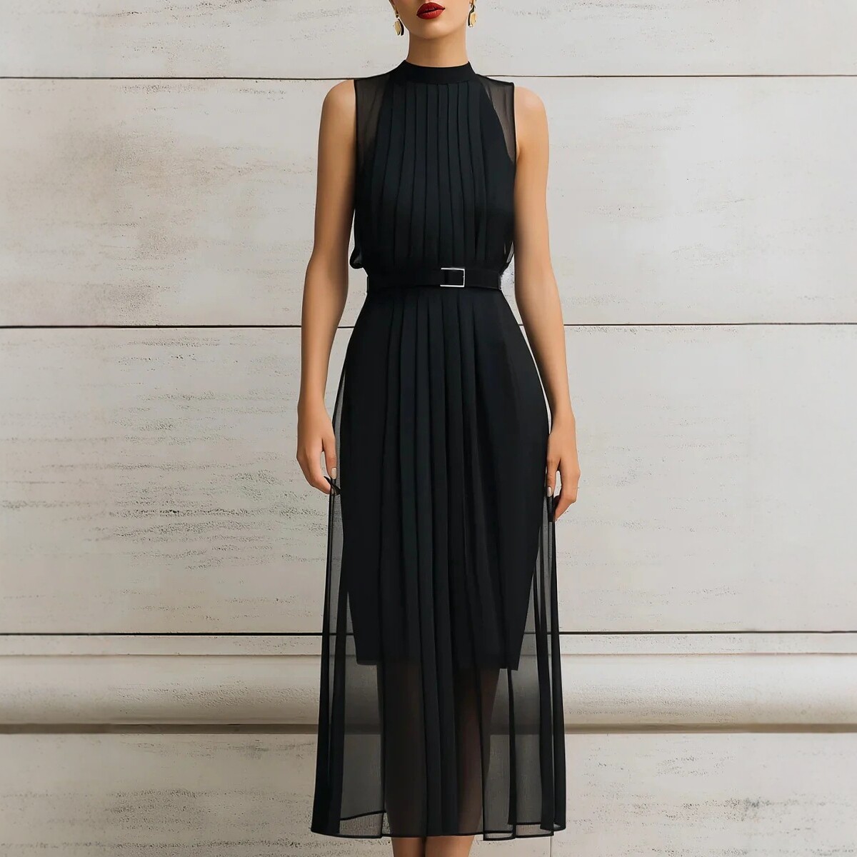 Black Sleeveless Pleated Waist Midi Dress