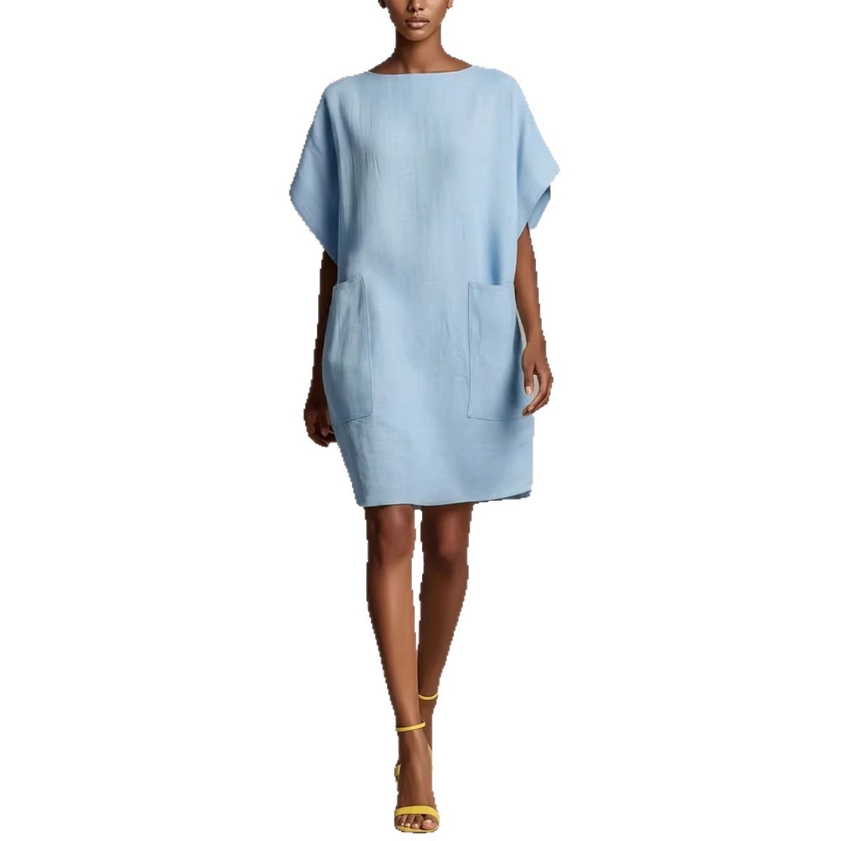 Women's Round Neck Short Sleeve Solid Color Dress with Pockets