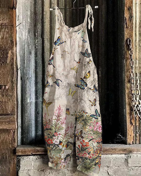 Women's Printed Cotton-Linen Cami Jumpsuit Sleeveless Wide-Leg Beach Romper