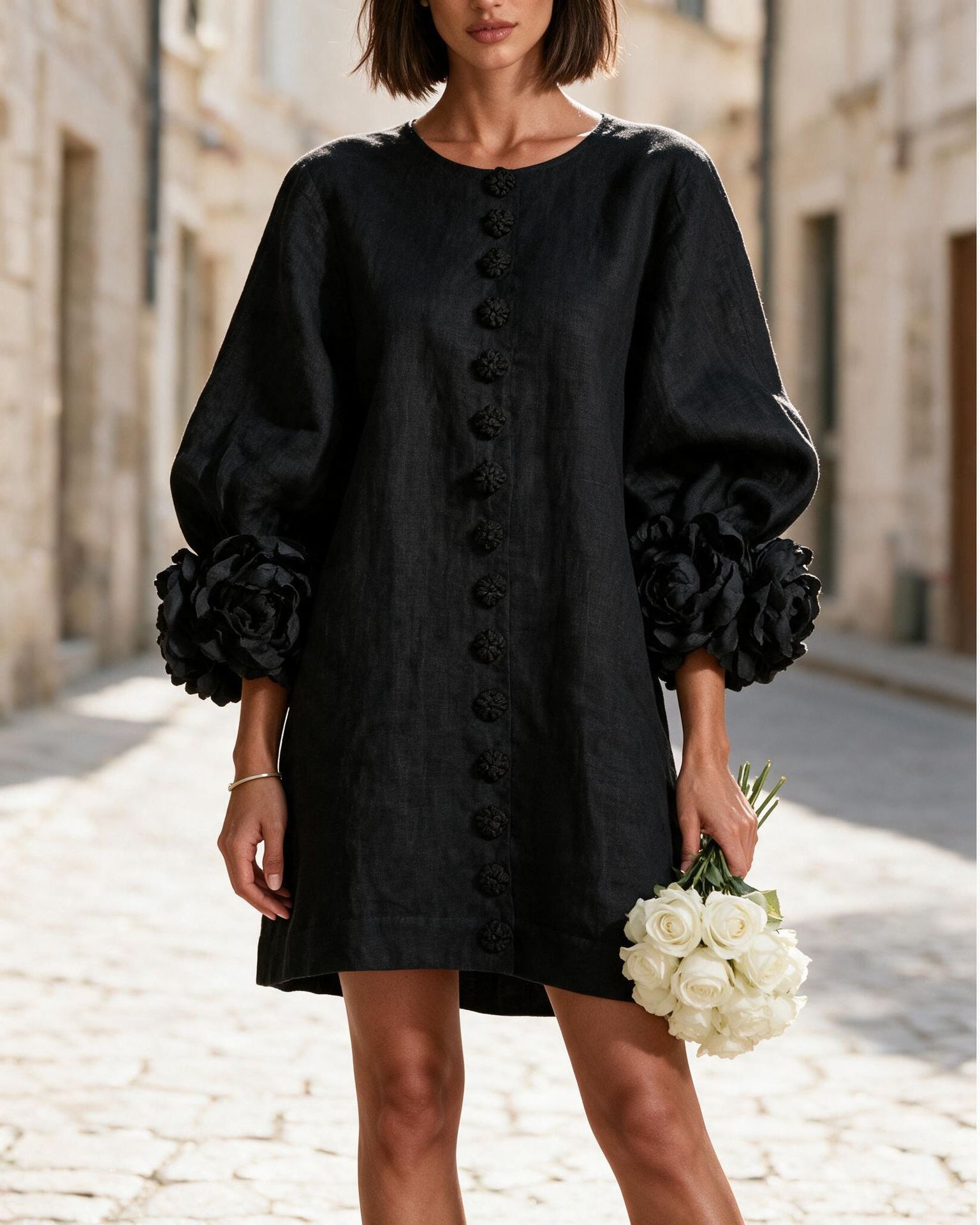 French 3D Floral Lantern Sleeve Dress