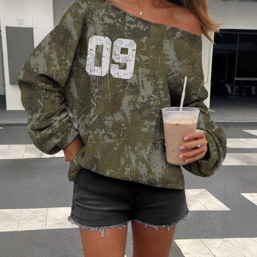Women's Camo Print Crewneck Pullover Sweatshirt Long Sleeve Casual Top