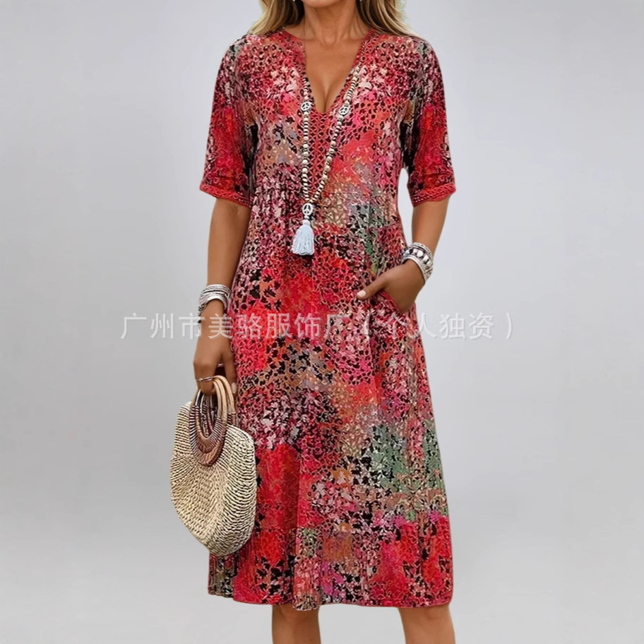 Floral Print V-Neck Short Sleeve Midi Dress with Pockets