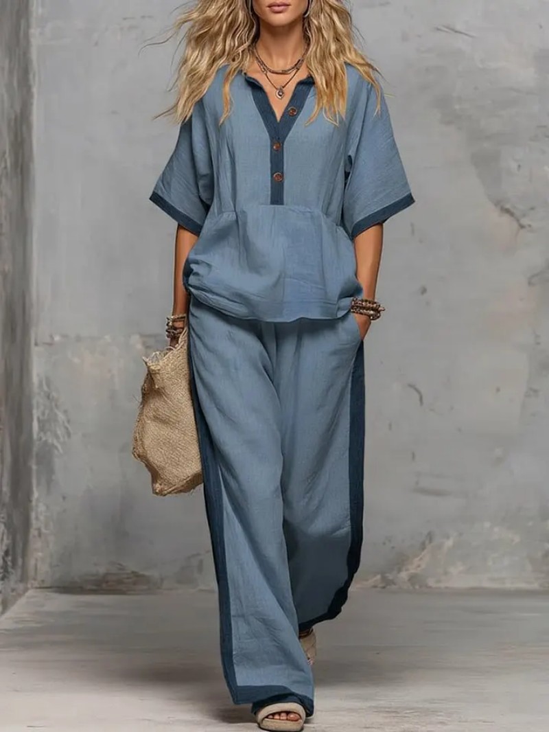Women's V-Neck 3/4 Sleeve Cotton-Linen Top and Wide-Leg Pants Set