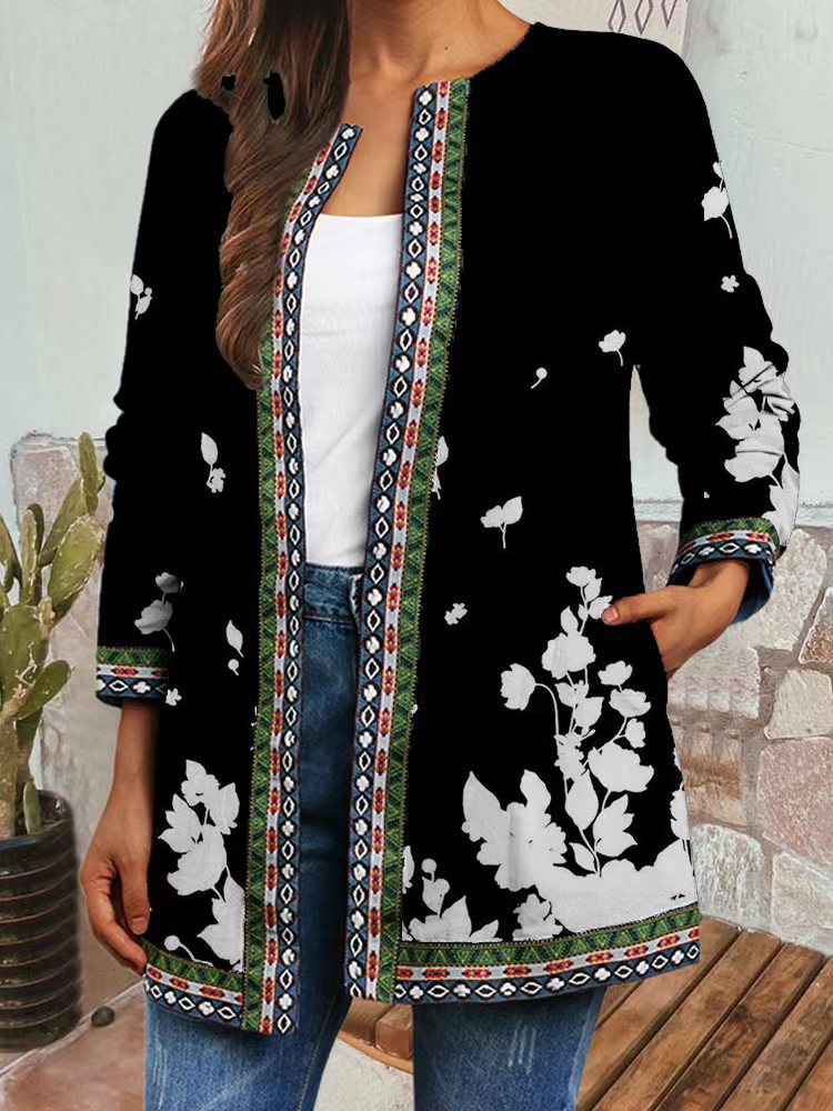 9432# Women's Vintage Ethnic Print Long Sleeve Open Front Jacket Cardigan