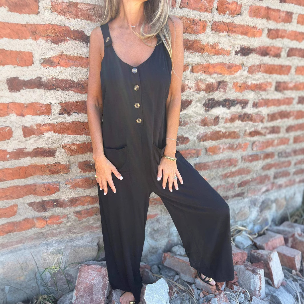 Women's Solid Button Pocket Loose Casual Overalls Jumpsuit