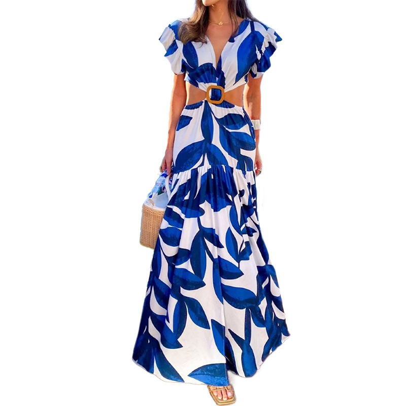 Women's V-Neck Cutout Floral Print Maxi Dress