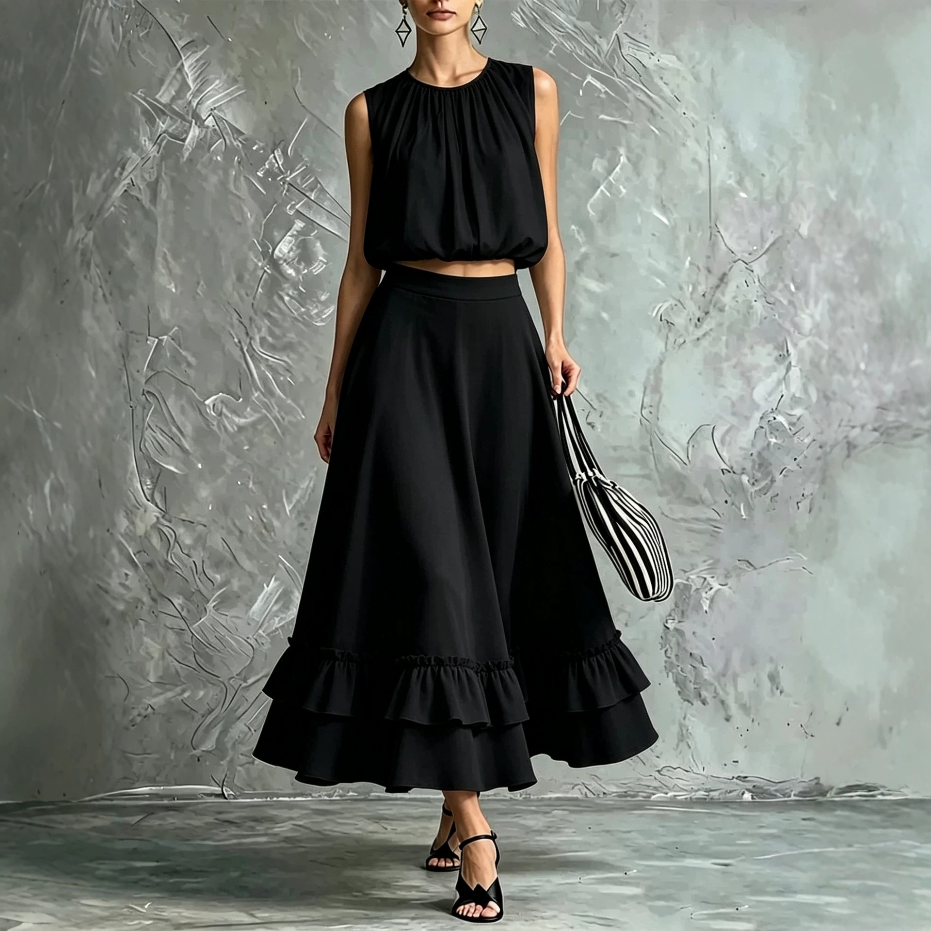 Women's Sleeveless Round Neck Top and Ruffle Hem Maxi Skirt Set