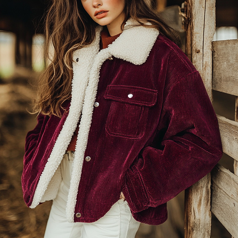 Women's Corduroy Fleece-Lined Button-Front Coat with Lapel Collar