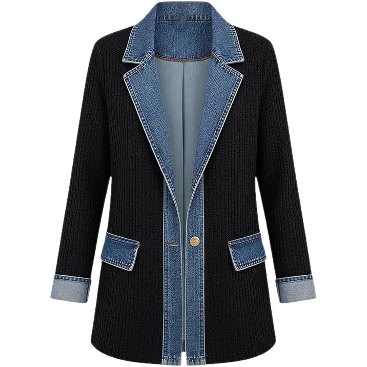 Women's Denim Jacket Ribbed Lapel Collar Patchwork Loose Fit