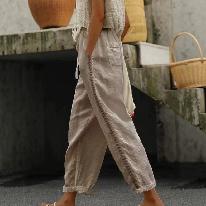 Women's Cropped Pants with Hollow-Out Splicing Casual Straight-Leg High Waist
