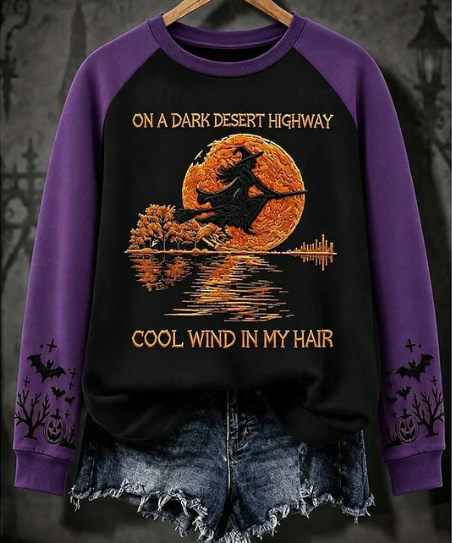 Halloween Witch Print Crewneck Long-Sleeve Pullover Sweatshirt
