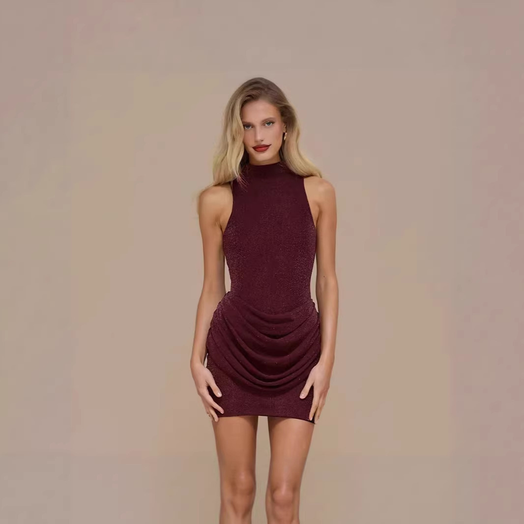 Women's Sleeveless Mock Neck Glitter Bodycon Mini Dress