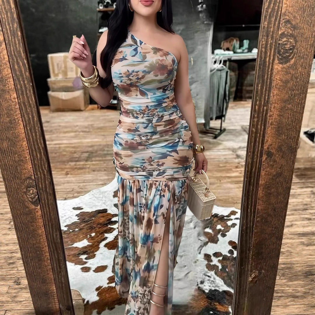 One-Shoulder Sleeveless Printed High-Slit Dress