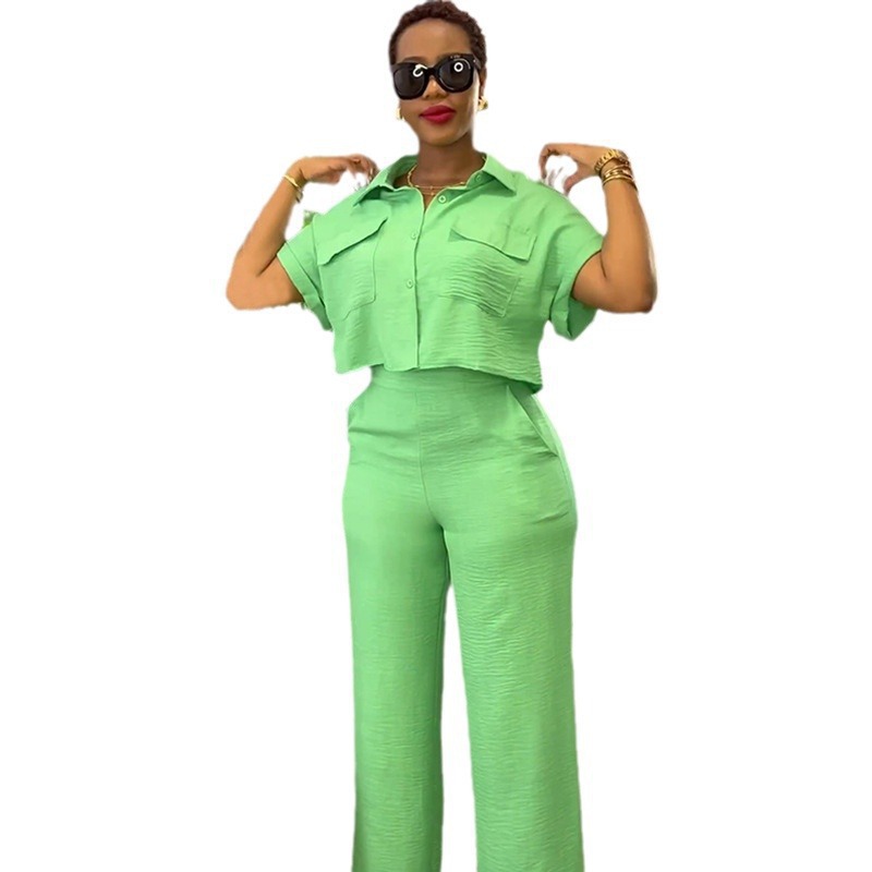 Women's Casual Short Sleeve Button-Front Shirt and Wide-Leg Pants Set