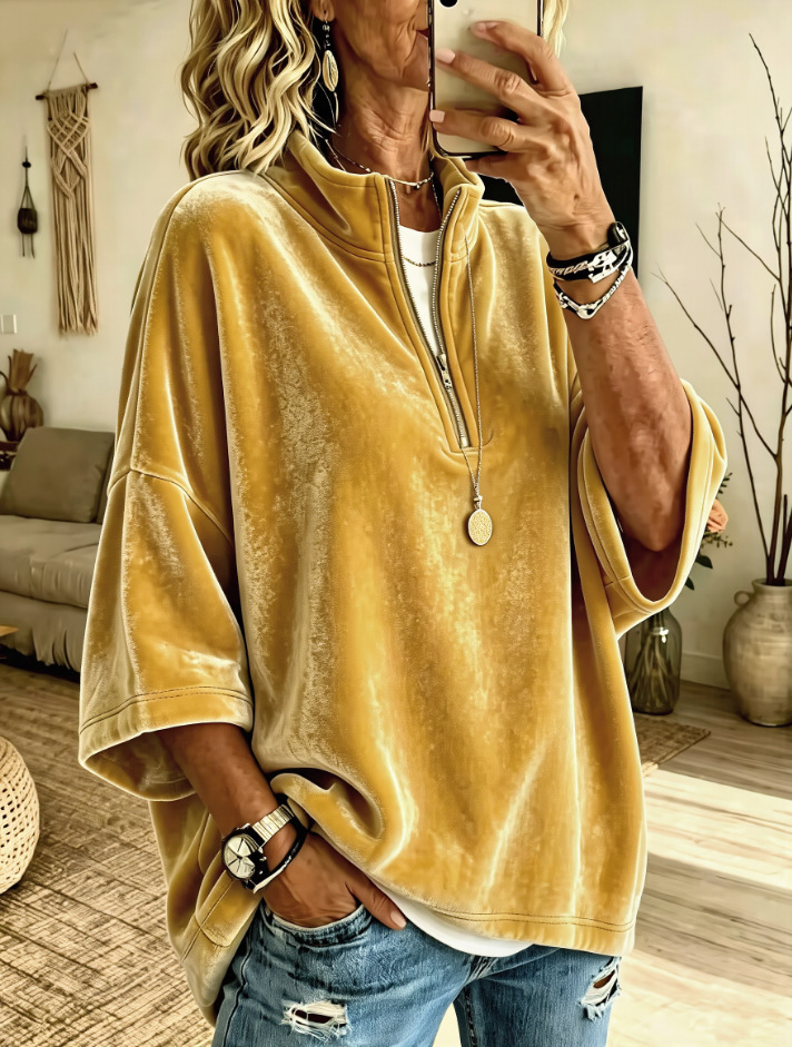 Women's Loose Half-Zip Suede-Feel 3/4 Sleeve Sweatshirt Solid Color Casual Top