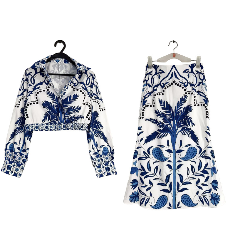 Women's Casual V-Neck Printed Long Dress Two-Piece Set