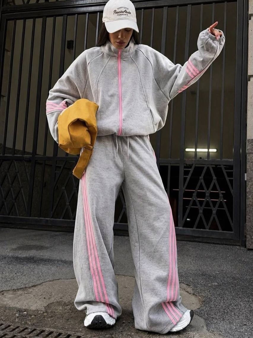 Color-Block Zip-Up Hooded Tracksuit with Classic 3-Stripe Two-Piece Set