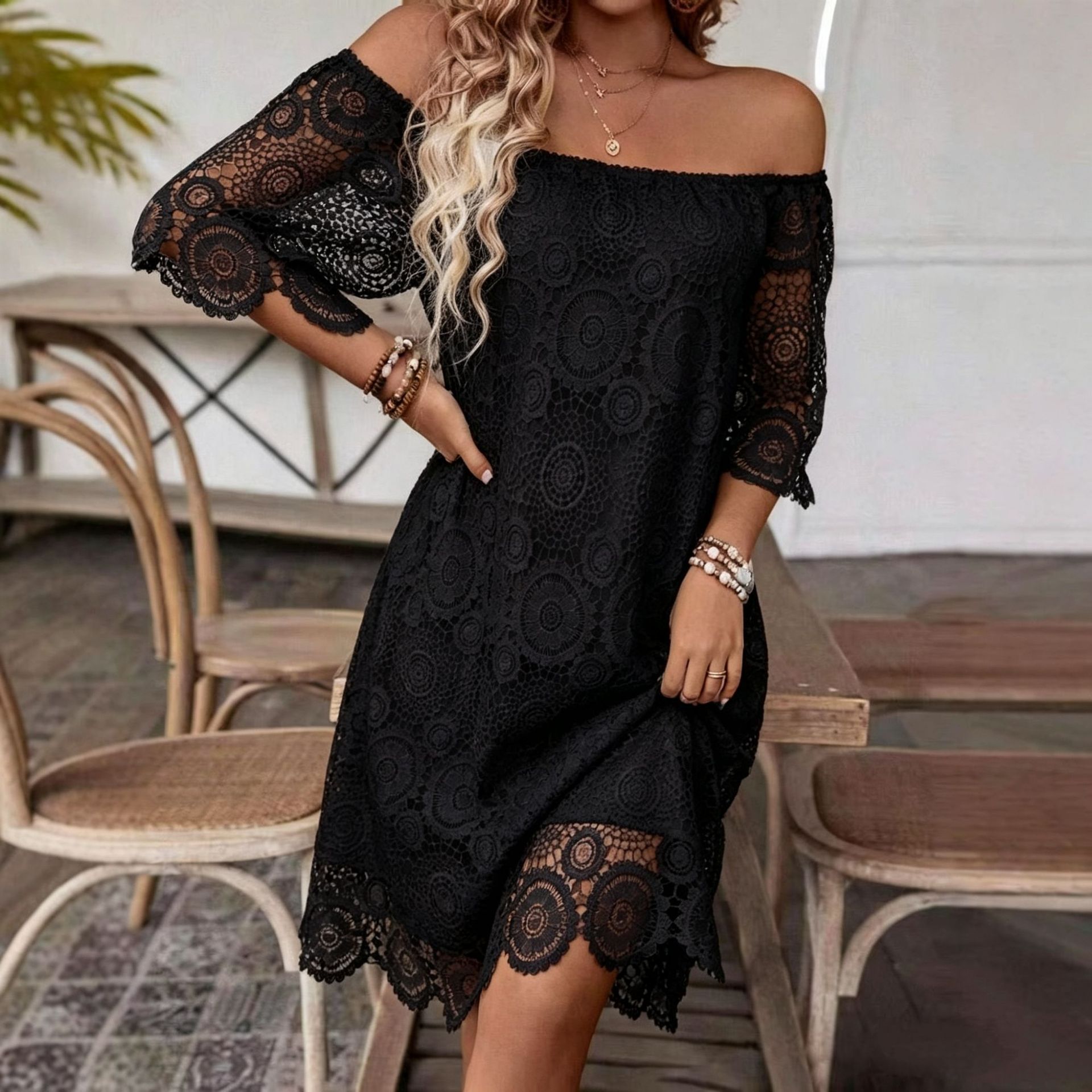 Women's Off-Shoulder Short Sleeve Lace Hollow Out Dress