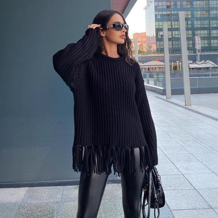 Fringe Sweater Women's Thick Loose Casual Solid Color Long Sleeve Knit Top