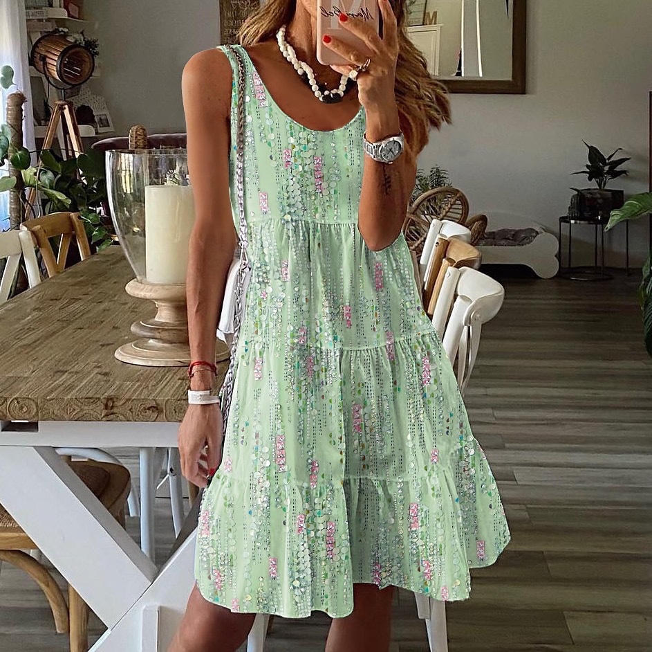 Floral Print Sleeveless Midi Dress Loose Round Neck Casual