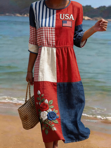 Women's American Floral Flag Print Ruched Midi Dress