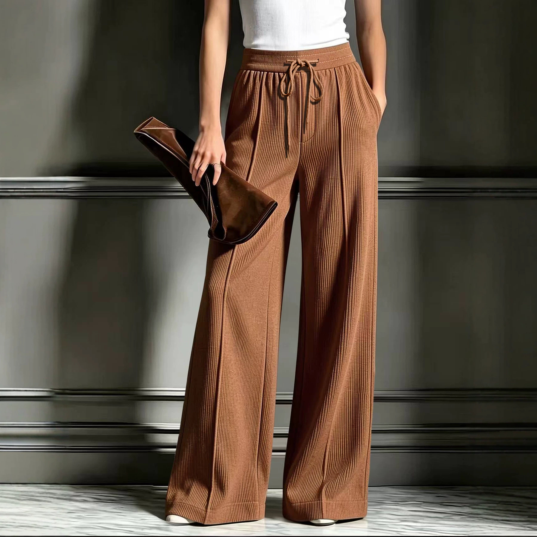 Ribbed Knit Wide-Leg Pants with Pockets
