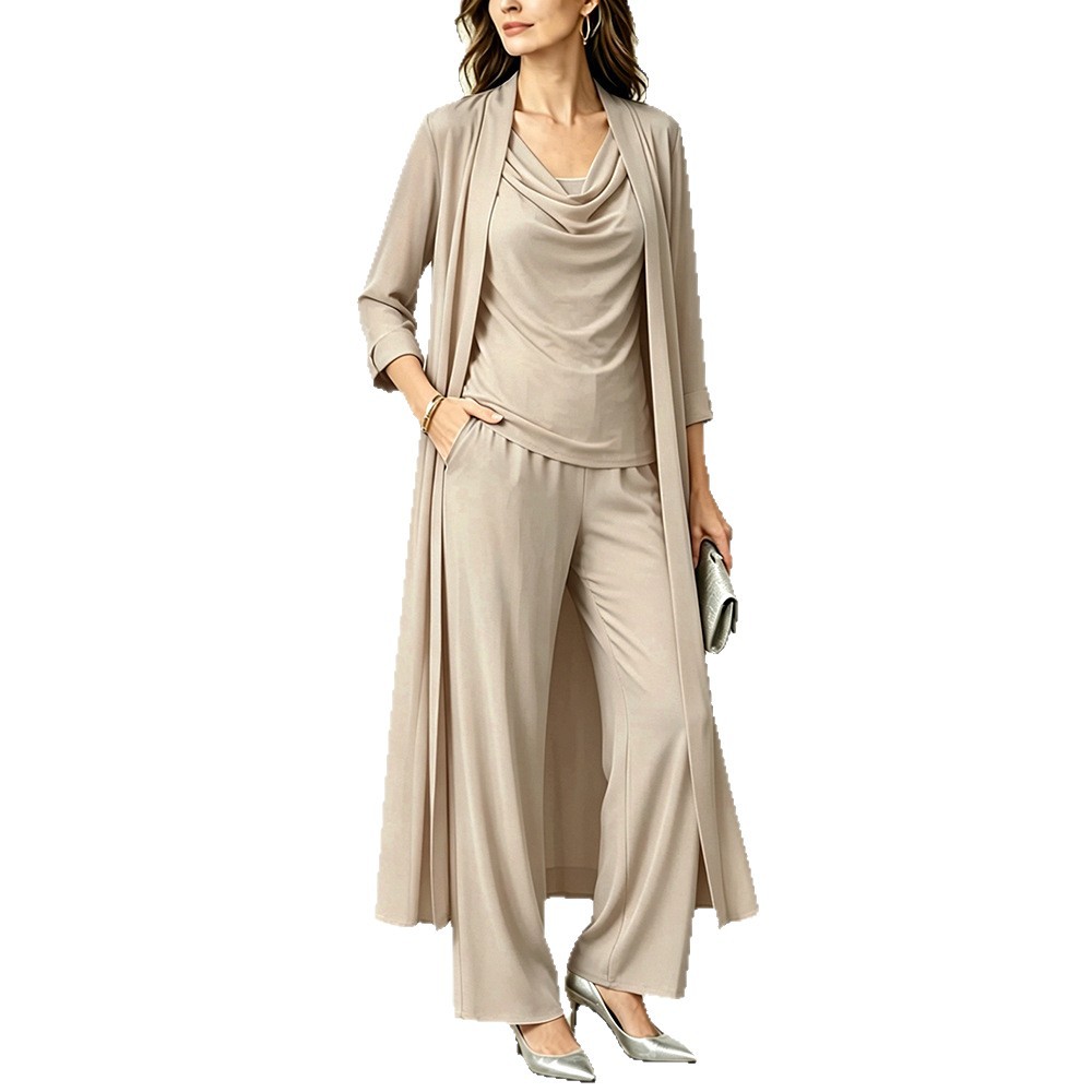 Women's Minimalist Long-Sleeve Draped-Neck Cardigan & Pants 3-Piece Set