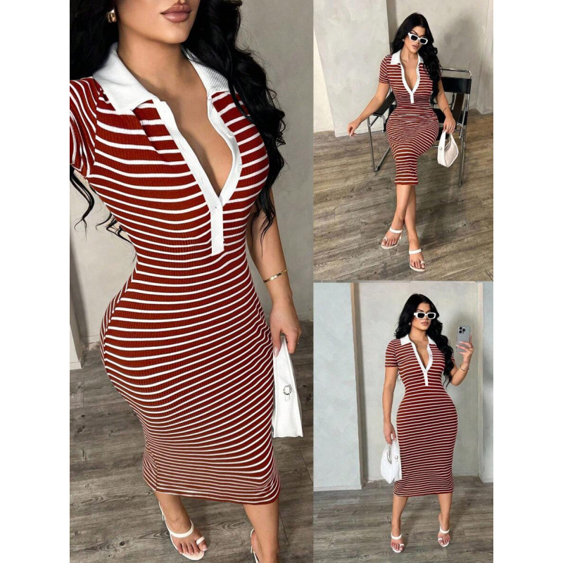 Women's Striped V-Neck Long Sleeve Bodycon Midi Dress