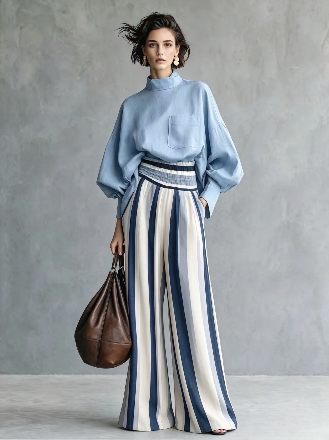 Women's Striped Mock Neck Long Sleeve T-Shirt and Pants Set