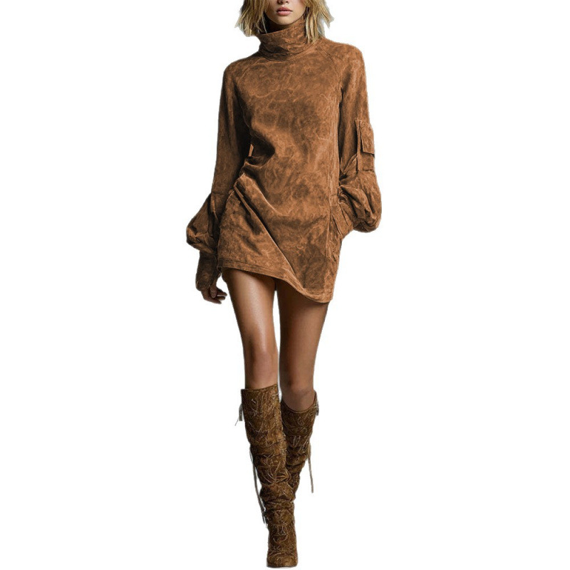 Faux Suede High Neck Long Sleeve Dress