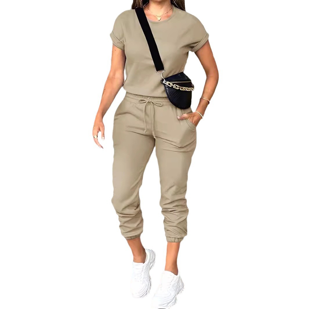 Women's Solid Color Crewneck Top and Multi-Pocket Pants Set Casual Two-Piece Outfit