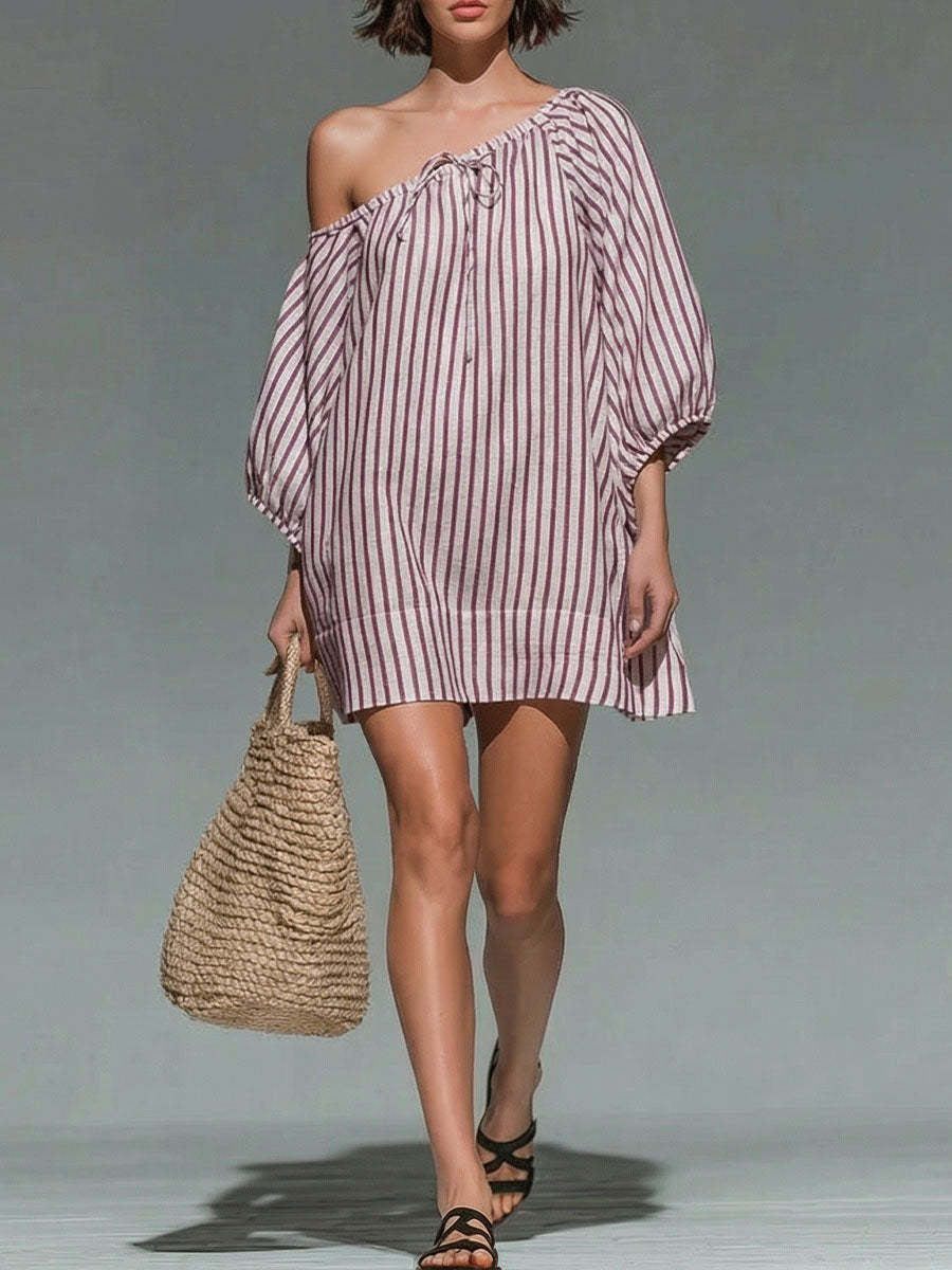 Striped One-Shoulder Loose A-Line Short Dress