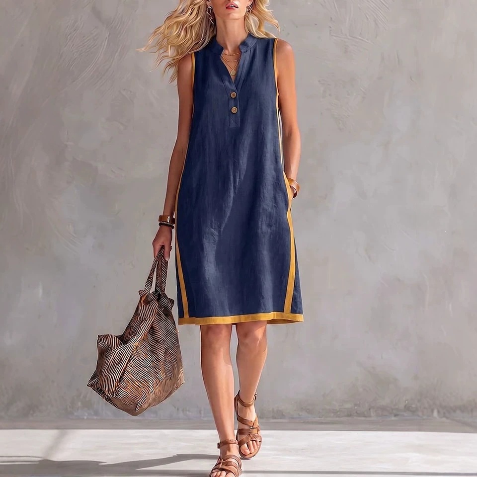 V-Neck Button-Down Sleeveless Midi Dress with Contrast Trim and Pockets