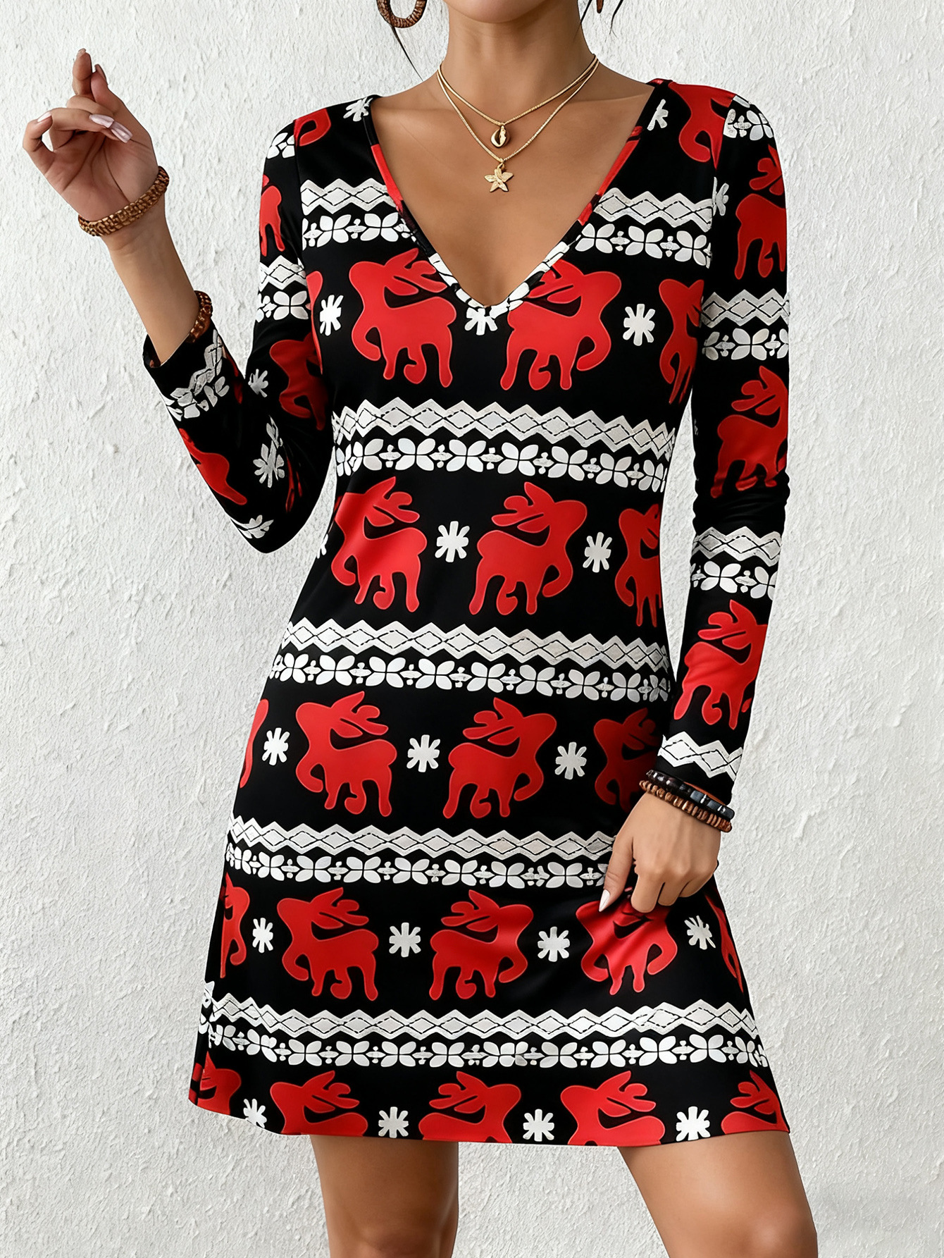 Women's Deep V-Neck Printed A-Line Dress Long Sleeve Casual