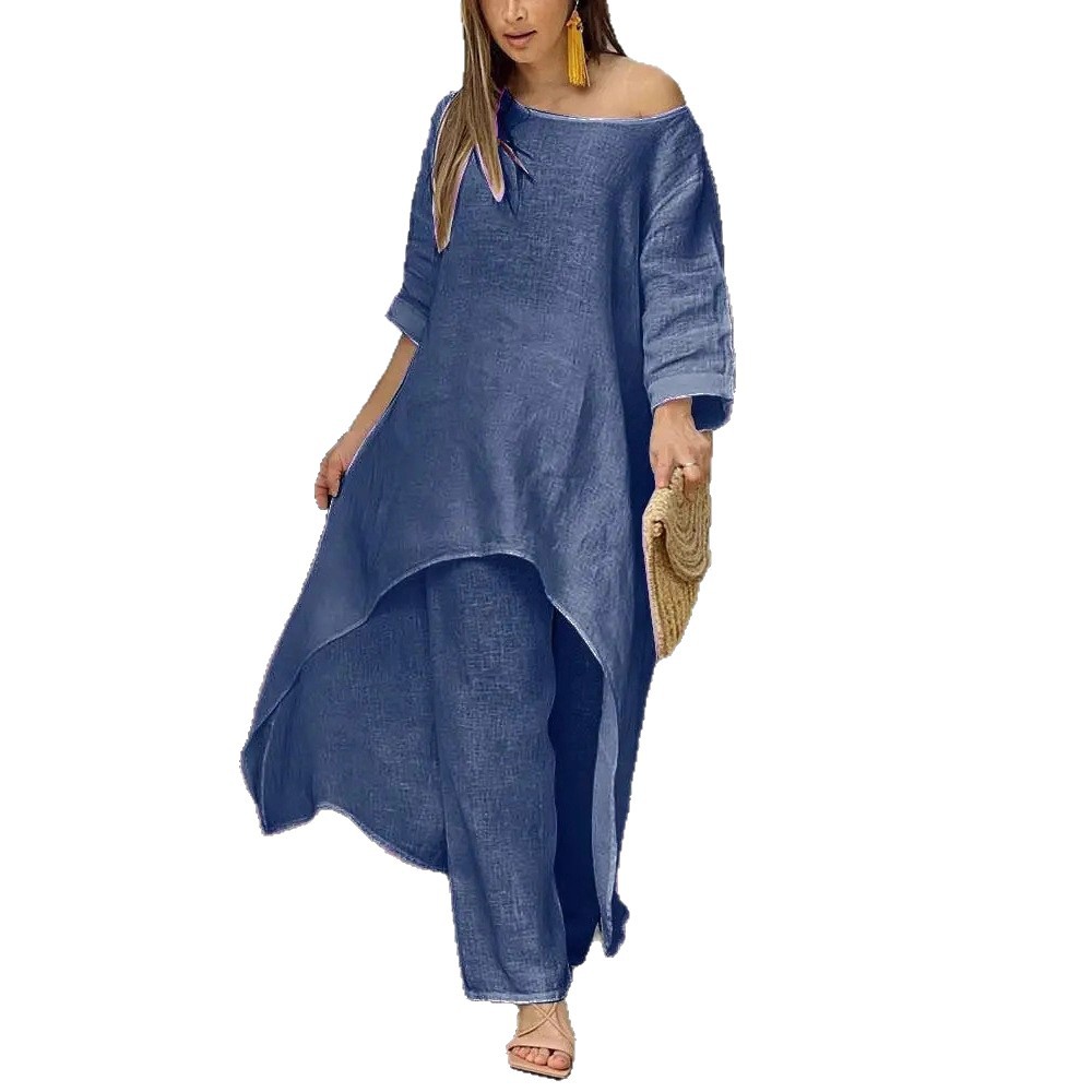 Women's Cotton-Linen Asymmetric Long-Sleeve Wide-Leg Two-Piece Set