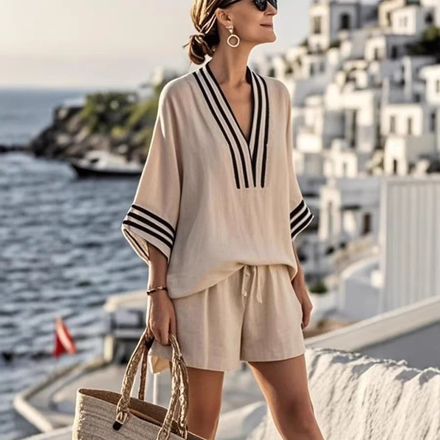 V-Neck Striped Two-Piece Casual Set Women's Loose Fit