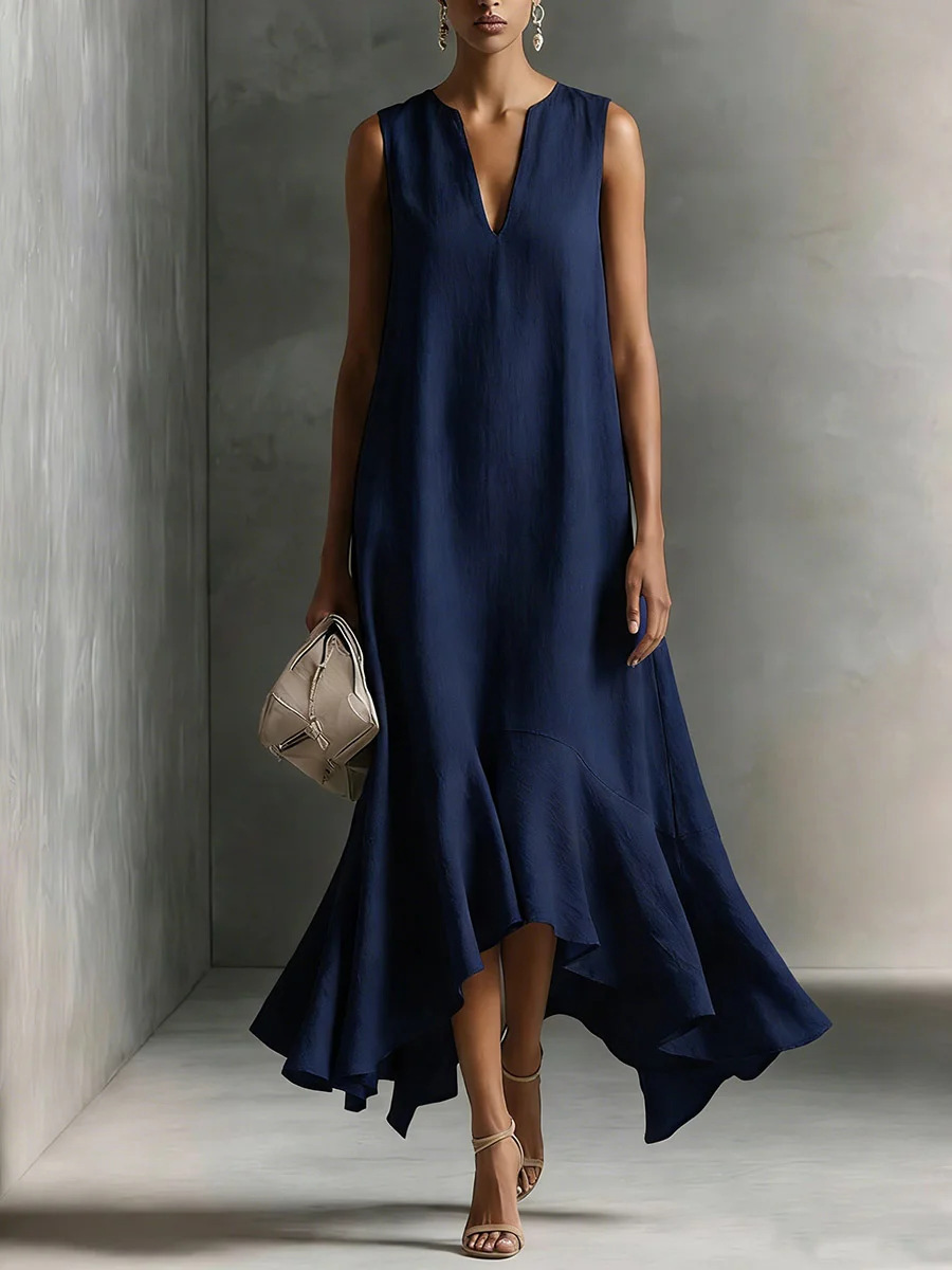 Deep V-Neck Sleeveless Asymmetrical Hem Dress