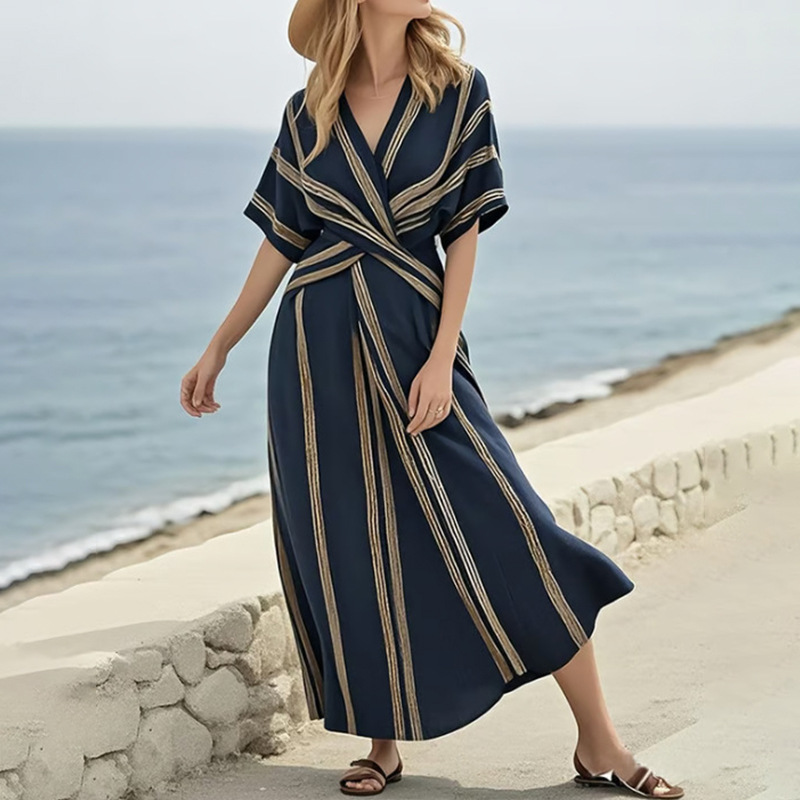 Women's Striped V-Neck A-Line Midi Dress Casual Loose Fit