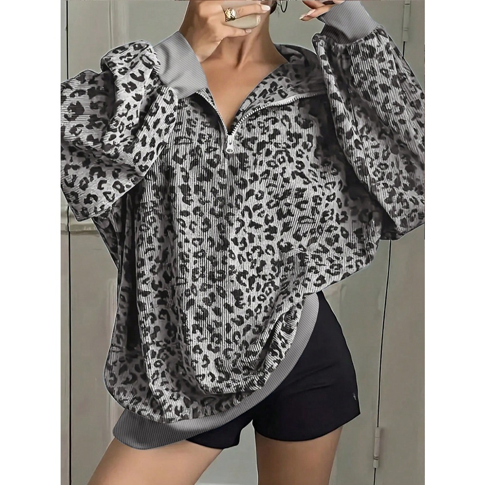Leopard Print Loose Fit Pullover Sweatshirt with Collar