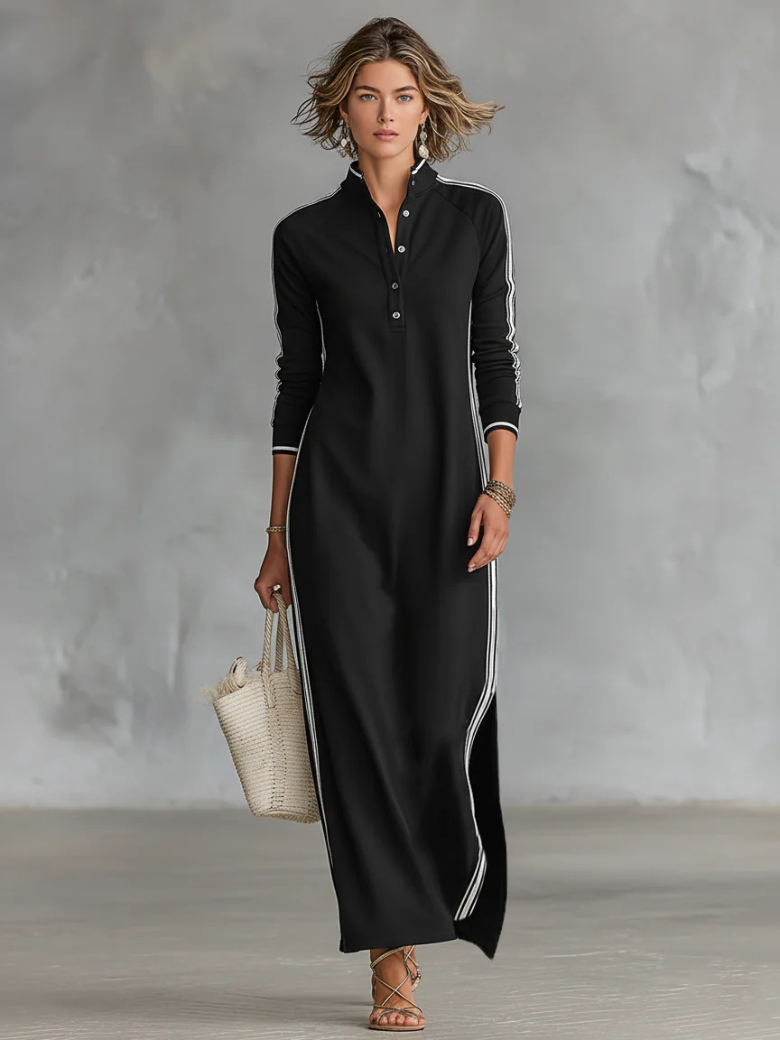 Women's Minimalist White Piped Button-Neck Sweatshirt Dress Long