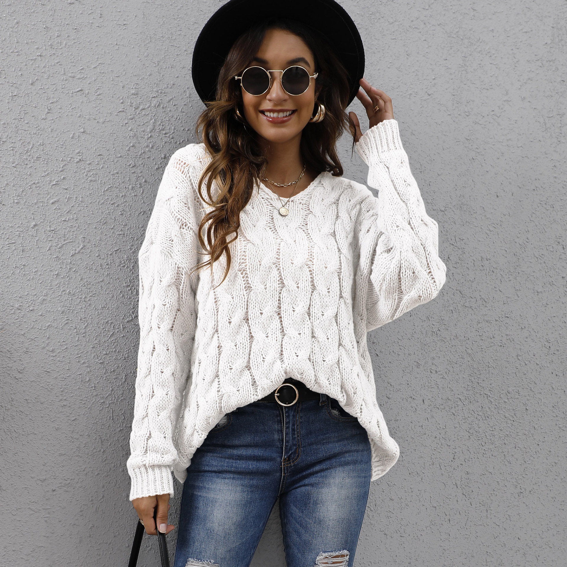 Women's Chunky Cable Knit V-Neck Hooded Pullover Sweater