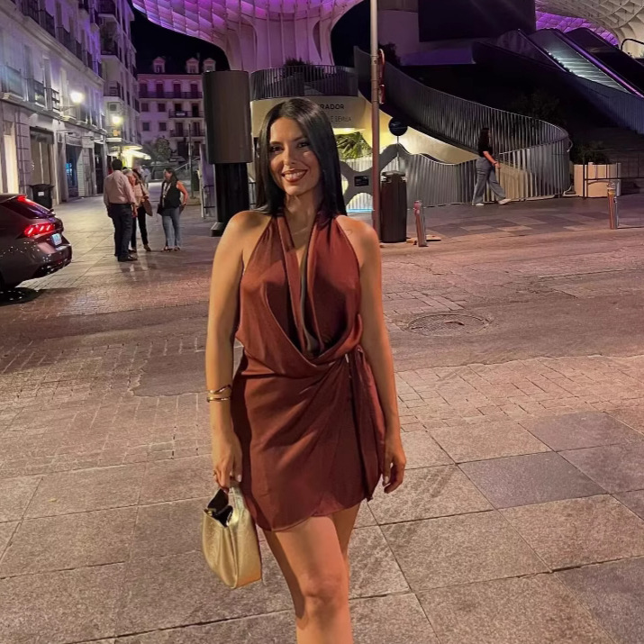Gold-Accented Halter Neck Mini Dress