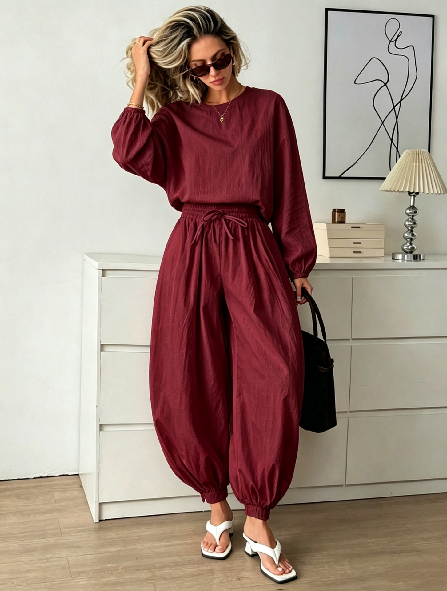 Women's Solid Color Round Neck Loose Sleeve Top and Wide-Leg Pants Two-Piece Set