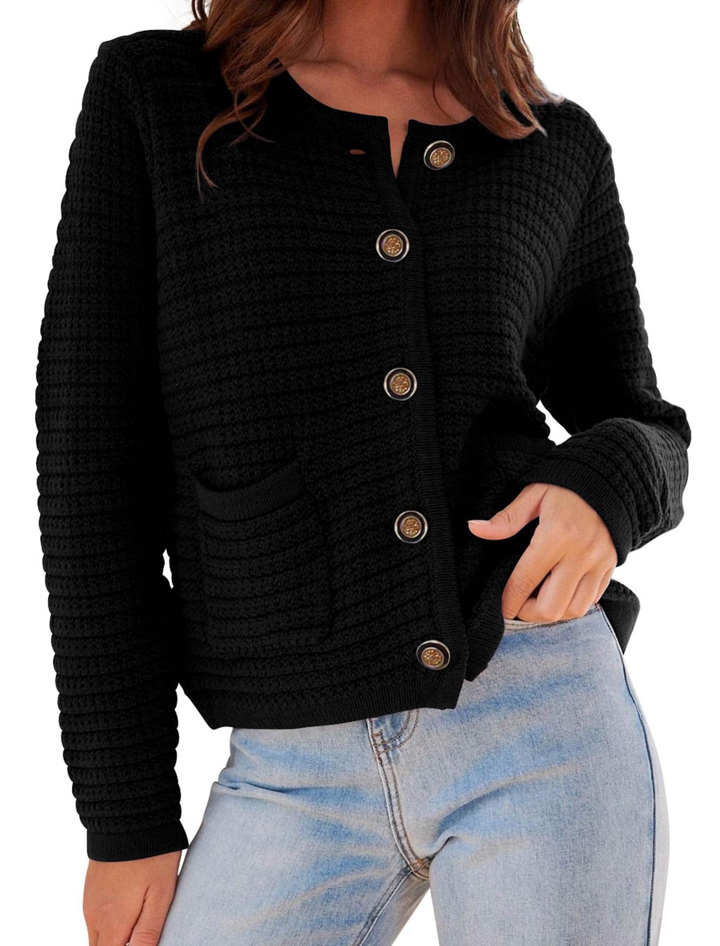 Women's Chic Knit Cardigan Short Crew Neck Single-Breasted Coat