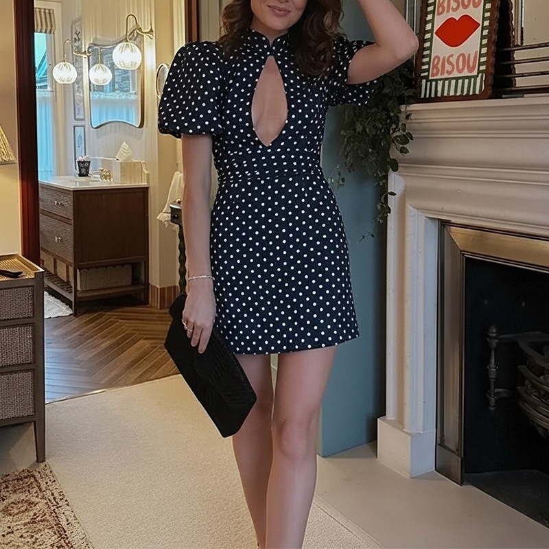Women's Polka Dot Cutout Puff Sleeve Dress